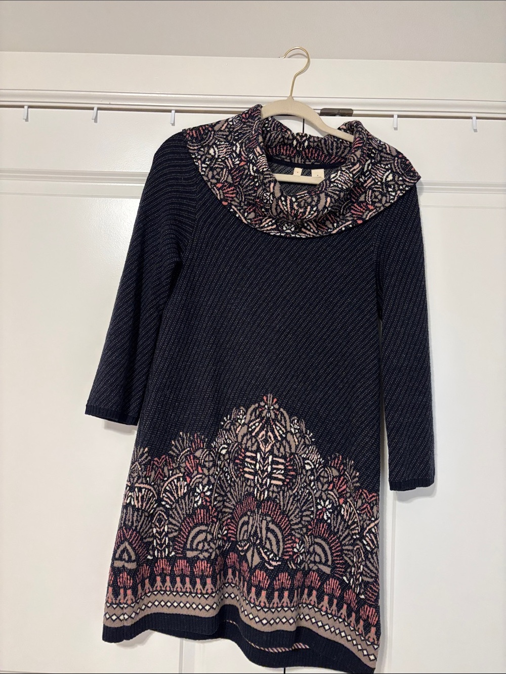 Anthropologie Navy sweater Dress with Pink and Cream Pattern